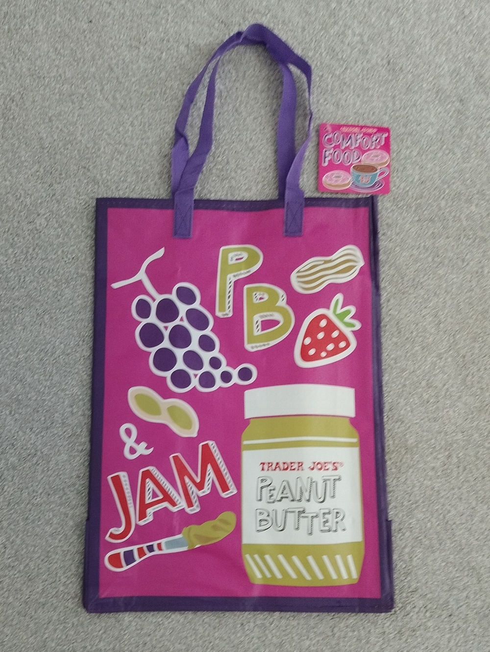 Trader Joe's Purple PB & Jam And Orange Mac & Cheese Reusable Tote Bag